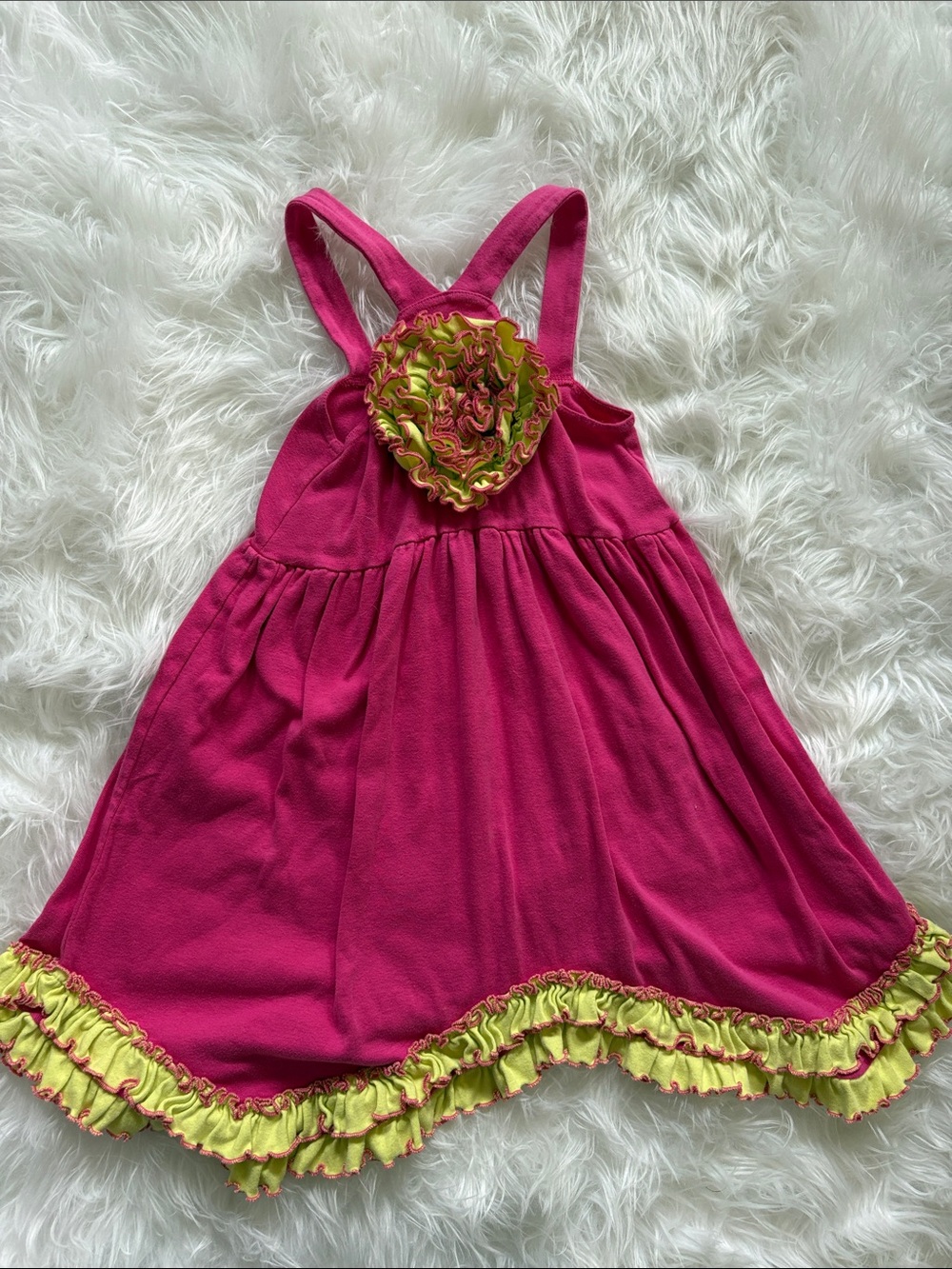 Girls Bright Pink Sundress with Lime Ruffle Trim